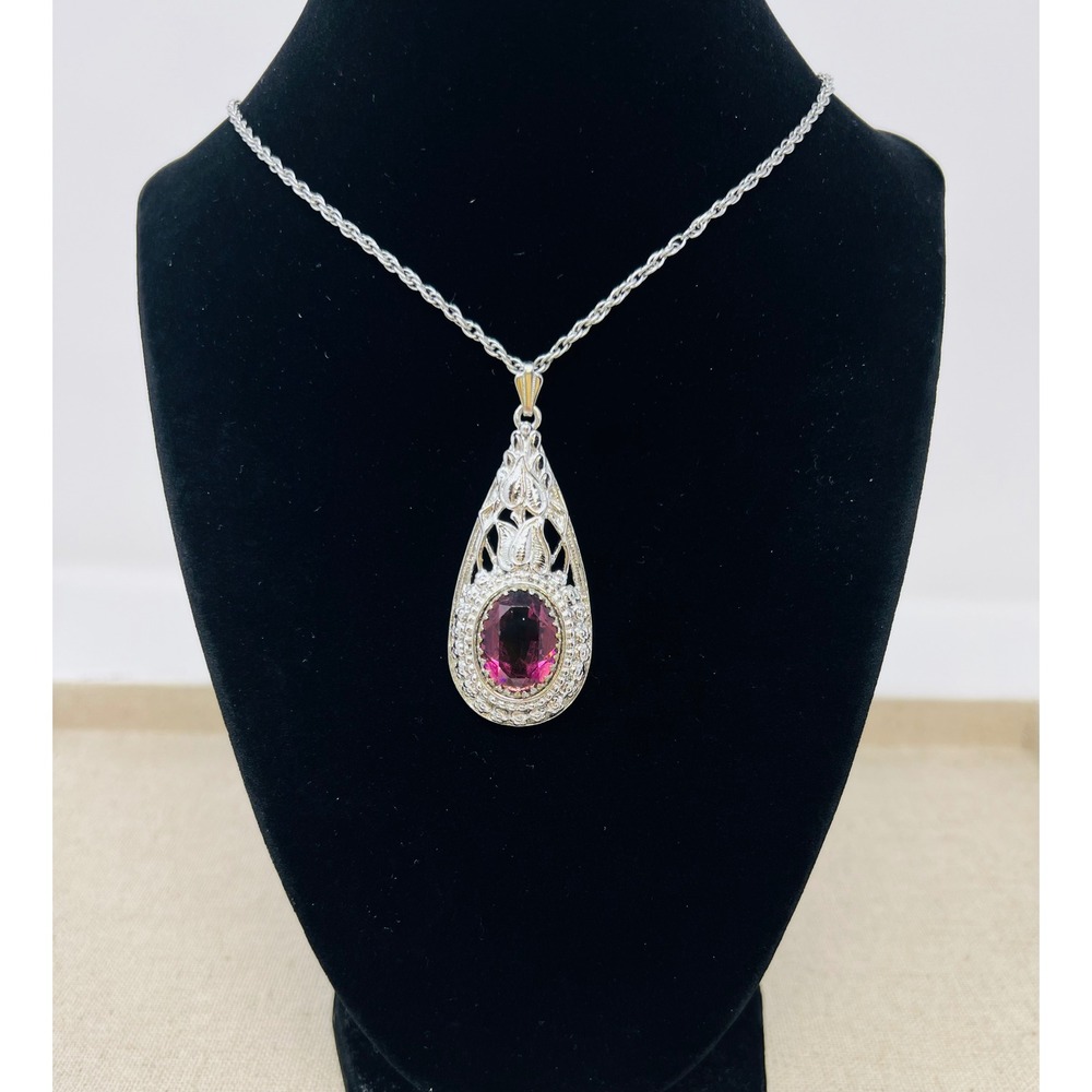 Whiting & Davis Vintage Silver Tone Filigree Amethyst Glass Teardrop Necklace